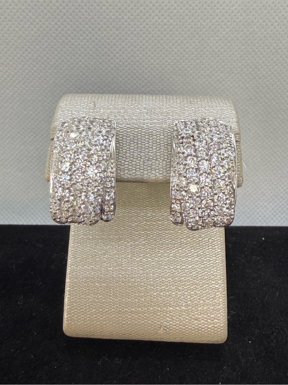 Samuel B 925 Sterling Silver Pave CZ Omega Back Hoop Earrings